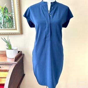 Vince Navy Blue Crepe Popover Shift Dress Split Neck Dolman Cap Sleeve Size S